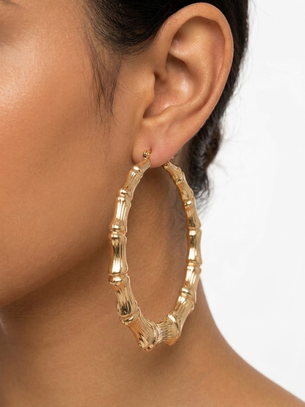 Large Gold Bamboo-Textured Hoop Earrings - Women Jewelry
